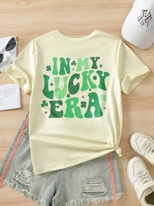 SHEIN Explorewe 青少年女孩三叶草印花圣帕特里克节休闲 T 恤