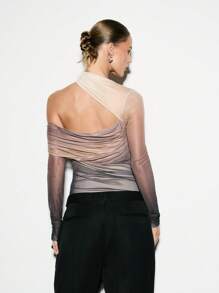 KIZN Asymmetric One-Shoulder Bodysuit Draped Mesh Long Sleeve Metallic Ruched Designer Evening Party Club Wear Fashion Statement Piece - Multicolor - View 2