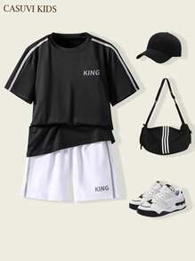 2 pièces/Set Adolescent garçon décontracté Sports Bloc de couleur Lettre Impression Ample T-shirt et Short athlétique Couleur contrastée, Ensemble 2 pièces, Convient pour le printemps et l'été Porter décontracté