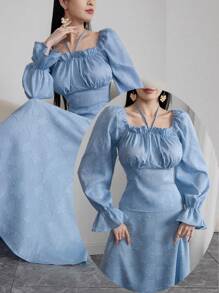 Modelyn Set de 2 piezas de camisa de manga larga y falda midi casual de mujer en tela jacquard