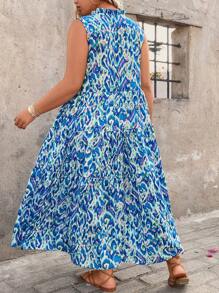 Breezaya Plus Size Women V-Neck All-Over Print Sleeveless Dress With Tassel And Pleated Trim, Vacation Beach Dress