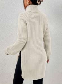 EURMUSE Hoher Kragen Raglan-ärmel Rippstrickpullover Mit Gespaltenem Saum - Aprikosenfarben - Übersicht 2