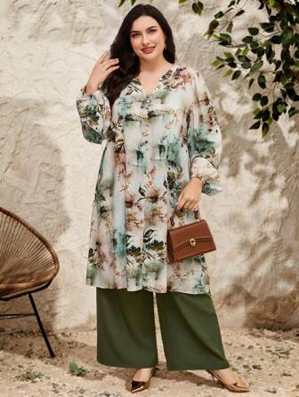 Lacomfia Plus Size Women Elegant Floral Print Lantern Sleeve Shirt & Pants Arabic Style Set,Modest