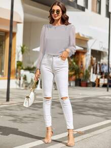 EMERY ROSE Women Solid Long Sleeve Round Neck Simple Fashionable Shirt, Suitable For Summer Fall Cloth For Women - Light Grey - View 6