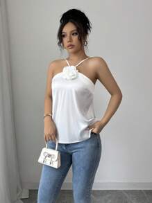 Elenzga Elegant Solid Color 3D Floral Decoration Satin Halter Top