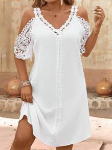 SHEIN Clasi 大码女式优雅节日花卉拼布宽松连衣裙 - 白色 - 查看 5