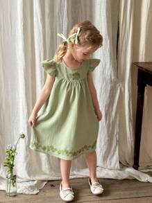 SHEIN LMoss Kids LMoss Young Girl Woven Ditsy Floral Round Neck Ruffle Hem Snug Fit Dress,Spring And Summer - Green - View 3