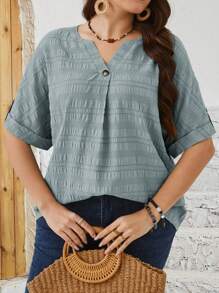 EMERY ROSE 大码纯色 V 领褶皱休闲衬衫 - 灰色 - 查看 5