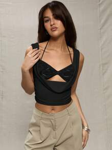 MUSERA Top corto con inserto de encaje negro, sexy y lindo, ideal para vacaciones, festivales y días soleados