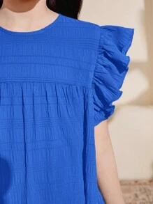 SHEIN Leap Crew 青少年女孩休闲时尚纯色圆领盖袖连衣裙 - 藍色 - 查看 6