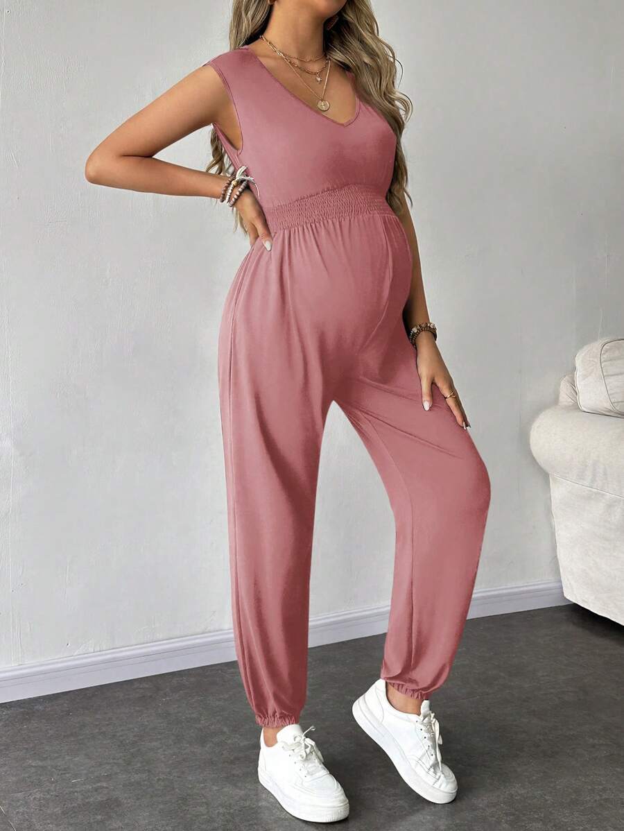 SHEIN Mono de maternidad de unicolor, diseño minimalista y de moda, adecuado para el verano - Rosa vieja - Ver 1