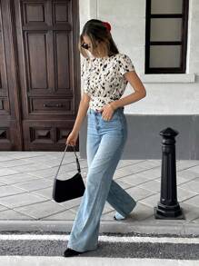 Chiquease Blusa de mujer de verano francesa elegante, de cuello redondo, manga abullonada y estampada, de corte regular - Multicolor - Ver 3