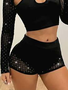 SHEIN ICON Quần short siêu ngắn vá lưới đen gợi cảm Y2K - màu đen - Xem 3