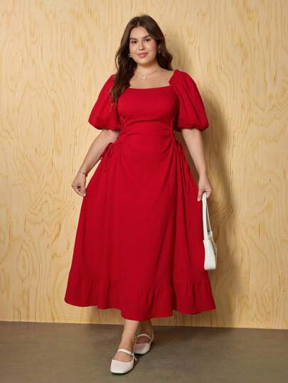 SHEIN MOD Red Side Lace-Up Puff Sleeve Plus Size Women Long Dress,Plus Size Romantic Party, Side Pleated, Slim, Elegant Long Dress. Faincore.,Birthday Dresses For Women,Valentine Outfits
