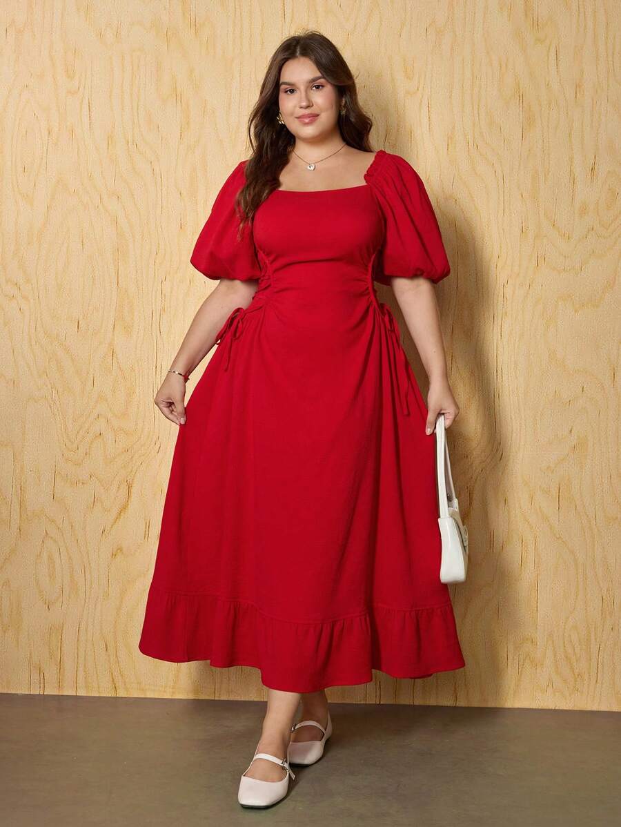 SHEIN MOD Red Side Lace-Up Puff Sleeve Plus Size Women Long Dress,Plus Size Romantic Party, Side Pleated, Slim, Elegant Long Dress. Faincore.,Birthday Dresses For Women,Valentine Outfits