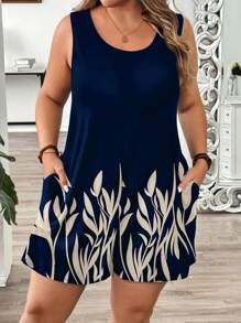EMERY ROSE Plus Size Casual Versatile Retro Leaf & Branch Print Jumpsuit, Simple Design, Suitable For Spring & Summer Plus Size Summer Clothes Suitable For Going Out,Vacation - Multicolor - View 1
