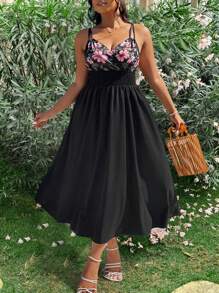 SHEIN Clasi Plus Size Women Embroidery Printed Spaghetti Strap Ruffle Hem Vacation Dress, New Style, Easter Dress - Multicolor - View 4
