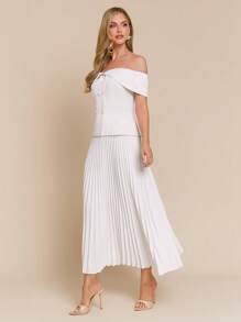 Amorya Set de 2 piezas con top hombros descubiertos de doble botonadura y falda plisada tipo línea A para mujer, romántico blanco boda