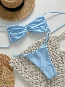Swim Mod Set de costume de baie pentru bikini, decor metalic, albastru, fără bretele, haine de plajă - Albastru - Vizualizare 2