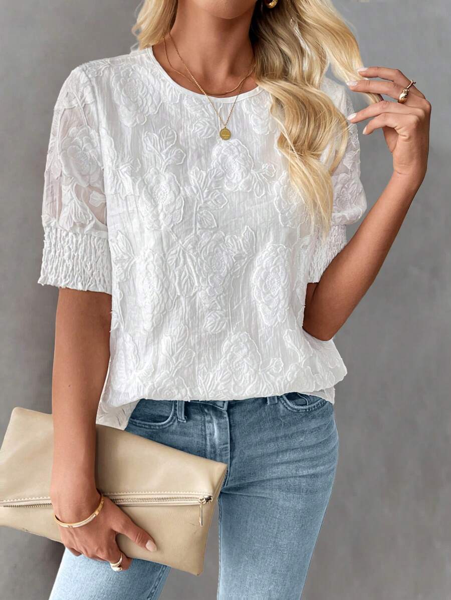 SHEIN LUNE 女士休闲度假短袖衬衫，圆领，插肩袖，纹理面料，春/夏 - 白色 - 查看 1