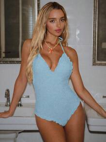 Swim Mod Costume da bagno da donna estivo con tinta unita, texture zigrinata, volant arricciati, scollo a incrocio, monospalla, sexy e carino