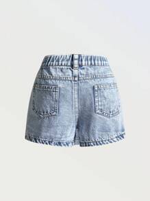 Denimly Young Girl Lightweight Denim Heart Pattern Embroidered Casual Holiday Fashion Skirts Pants, Summer - Light Wash - View 2