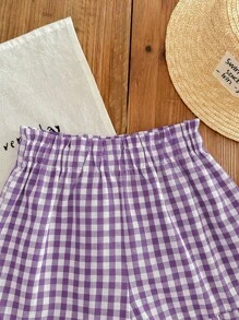SHEIN LMoss Kids LMoss Young Girl Young Girl's Loose Fit Casual Plaid Woven Shorts - Purple - View 3