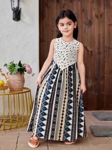 SHEIN Vestido casual ajustado de niña joven con cuello redondo sin mangas y bloques de color tejidos