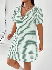 Flirla Đầm thường ngày có mũ trùm đầu tay ngắn có gân cho nữ cỡ lớn - Nhiều màu - Xem 6