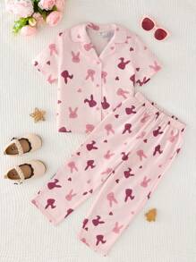 SHEIN Leap Crew 2pcs Young Girls Cute Rabbit Pattern Lapel Button Short Sleeve Top & Wide Leg Pants Pajama Outfit, Sleepwear Set, Easter Holiday - Pink - View 6