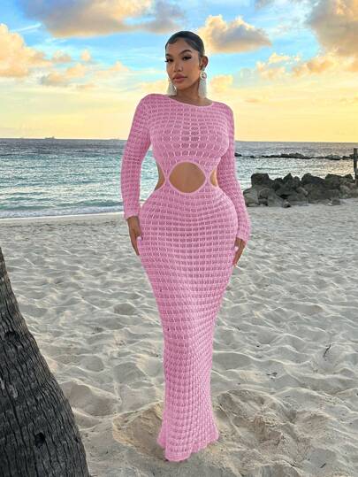 SHEIN SXY Beach Women Sexy Dress Beachwear Beach Women Outfits Beach Vacation Women Clothes See-Through Apricot Long Beach Dress