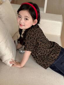 Dazy Kids 年轻女孩女孩加大码豹纹圆领短袖 T 恤，夏季 - 棕色 - 查看 1