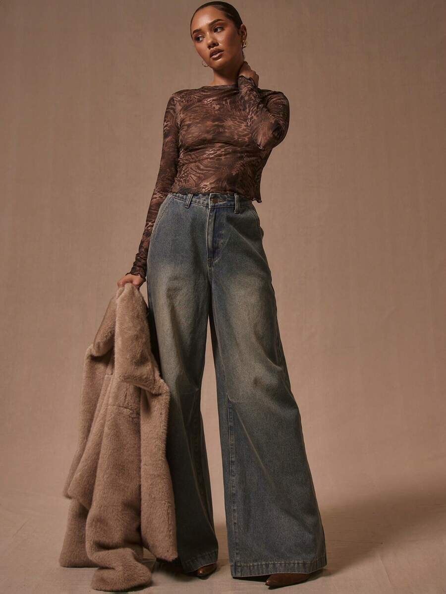 MUSERA 性感动物纹印花长袖网纱上衣，适合度假、浓缩咖啡、锐舞派对、音乐节、外出等场合，秋冬季必备单品