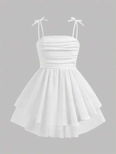 Tween Girls' Woven Solid Color Bubble Pleated Double Layer Casual Strappy French Fairy Dress ,Vacation Summer Outfits