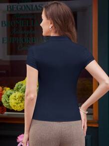 Vintamour Vintage Elegant Women's T-Shirt, Spring/Summer Slim-Fit Knitted Keyhole Hollow Out Short Sleeve Top, Casual Back To School Clothes Teacher - Navy Blue - View 8