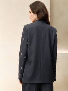 Anewsta Blazer informal y suelto con bordados y cuentas para mujer, elegante y de alta gama - Azul Marino - Ver 2