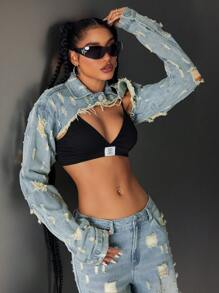 Jeanoix Chaqueta de jeans súper corta para mujer, denim desgastado con cuello, estilo de moda vintage