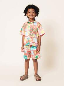 SUMWON Summer Beach Holiday Boys Two-Piece Set Travel Print Palm Tree Pattern Short Sleeve Button-Up Shirt Matching Shorts Vacation Outfit Kids Casual Wear - Multicolor - View 7