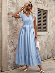 SHEIN Clasi Women's Elegant Shirred Cap Sleeve Elastic Waist Blue Summer Vacation Dress - Blue - View 5