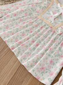 SHEIN Leap Crew Young Girls French Minimalist Floral Ribbon Bow Ruffle Decor Round Neck Long Sleeve Pants Princess Style Pajamas 2pcs Set, Family Vacation Casual Long Sleeve Floral Print Pajama Set, Sibling Matching Outfits (2 Sets Sold Separately) Pj Set For Girls Kids Sleepwear Pj Sets Kids - Apricot - View 4