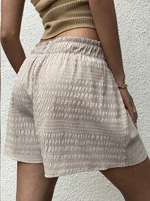 Sunnyshic Khaki Textured Fabric Frill Waist Elastic Waist Loose Casual Vacation Style Shorts, Versatile For Spring/Summer