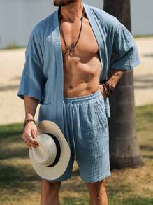 Manfinity RSRT Men's Solid Color Short Sleeve Loose Casual Kimono Shirts - Dusty Blue - View 7