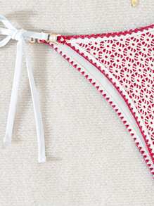 SHEIN Swim 女士海滩夏装镂空红白贝壳珍珠点缀性感设计三角比基尼套装 - 紅白色 - 查看 5