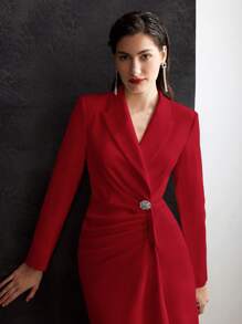 MOTF PREMIUM FOLD PLEATED BUTTON DECOR DRESS - Red - View 3