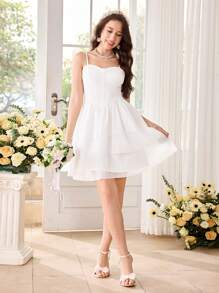 Pitira Pitira Vestido de princesa de fiesta con tirantes de tul multicapa elegante y adorable para adolescentes, apropiado para bodas y fiestas - Blanco - Ver 4