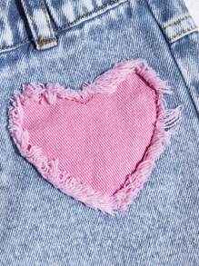 Denimly Young Girl Lightweight Denim Heart Pattern Embroidered Casual Holiday Fashion Skirts Pants, Summer - Light Wash - View 4