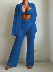 SHEIN Swim Women's Solid Color Long Sleeve Kimono Cover Up And Cover Up Trousers Set For Beach & Vacation - Blue - View 3