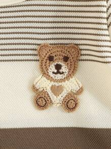 1 pieza Pelele de manga corta y cuello redondo para bebé niño con bordado de oso a rayas, con parche a presión en la entrepierna, cómodo y versátil para uso diario casual, nueva colección de verano - Marrón - Ver 8