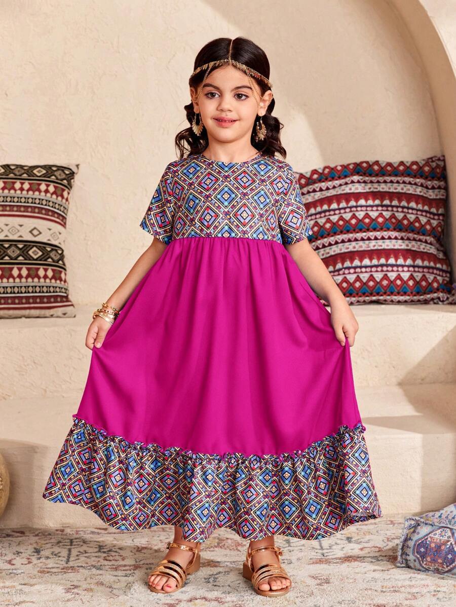 SHEIN Vestido casual de vacaciones de gasa con estampado floral ditsy para niña joven - Rosa Fucsia - Ver 1