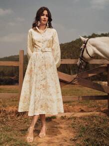 Anewsta 都市优雅数码印花灯笼袖长裙，适合春季度假